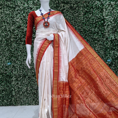 White Red Bomkai Sambalpuri Ikat Tissue Saree
