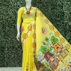 Yellow Shree Jagannath Ratha Yatra Hand-Painted Pattachitra Saree