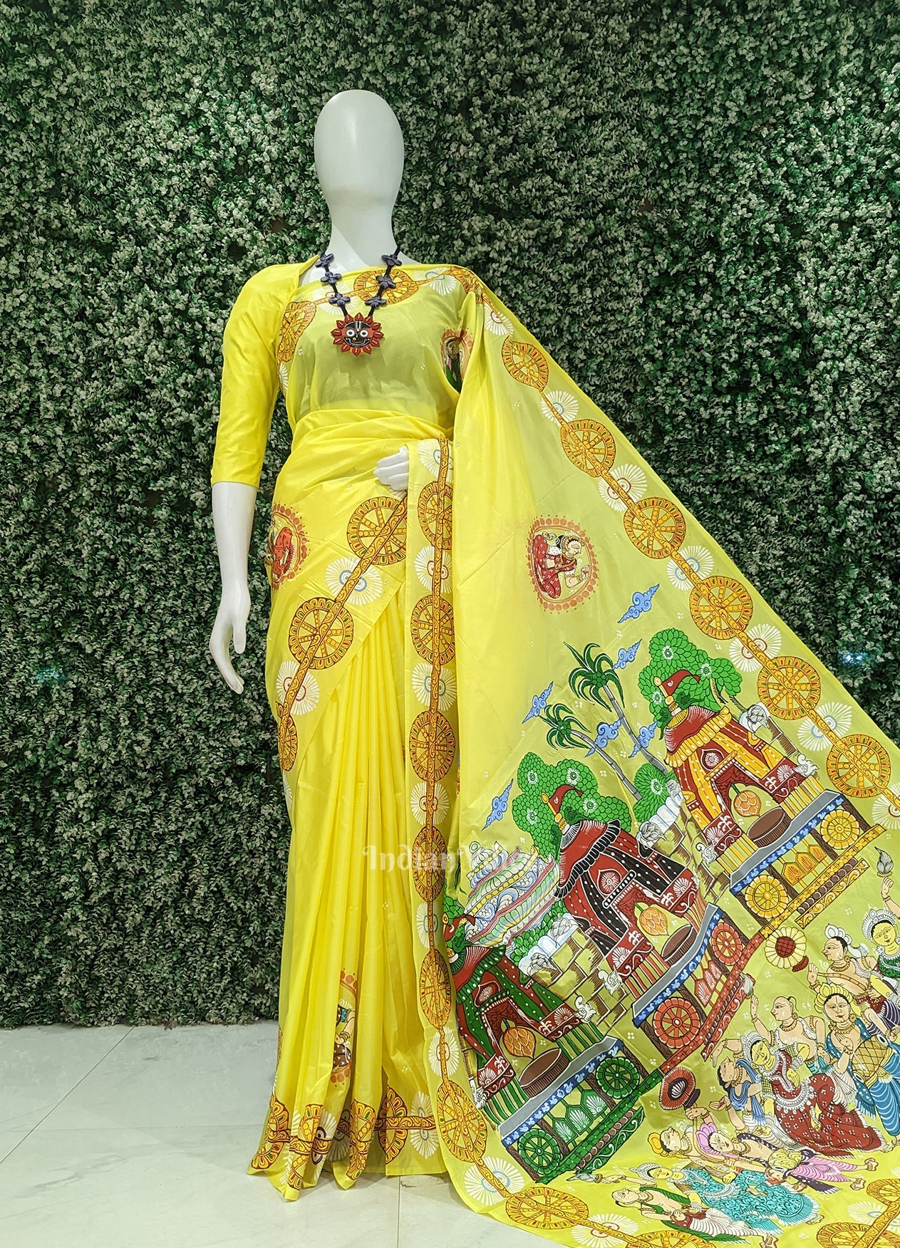 Yellow Shree Jagannath Ratha Yatra Hand-Painted Pattachitra Saree