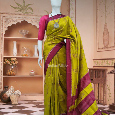 Olive Green Odisha Ikat Shankha Designer Contemporary Silk Saree