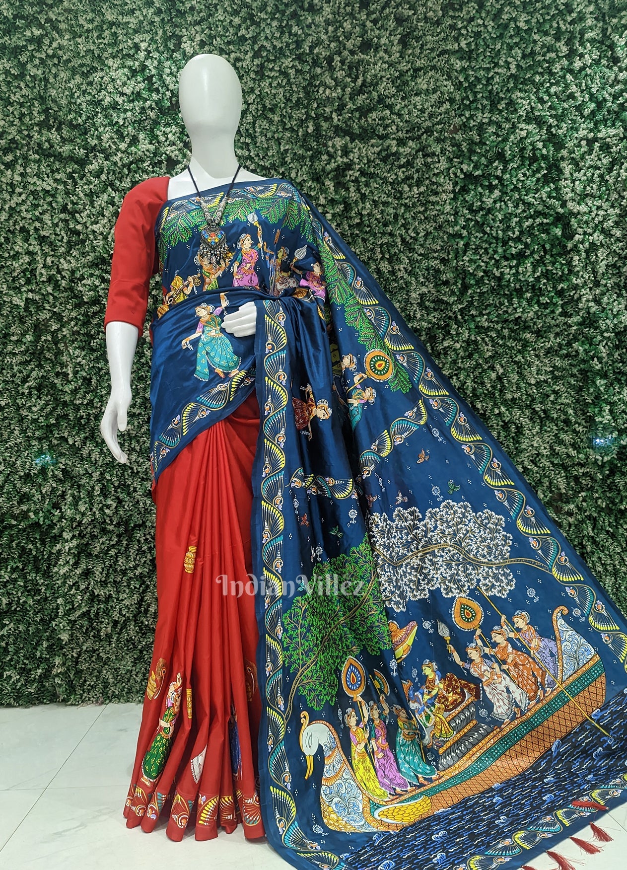 Blue Red  Nabakeli Boita Theme Hand-Painted Pattachitra Saree