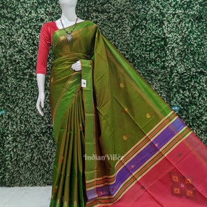 Mehendi Green Pink Pure Bishnupuri Silk Saree