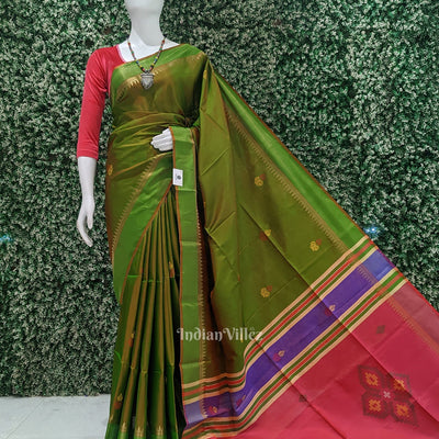 Mehendi Green Pink Pure Bishnupuri Silk Saree