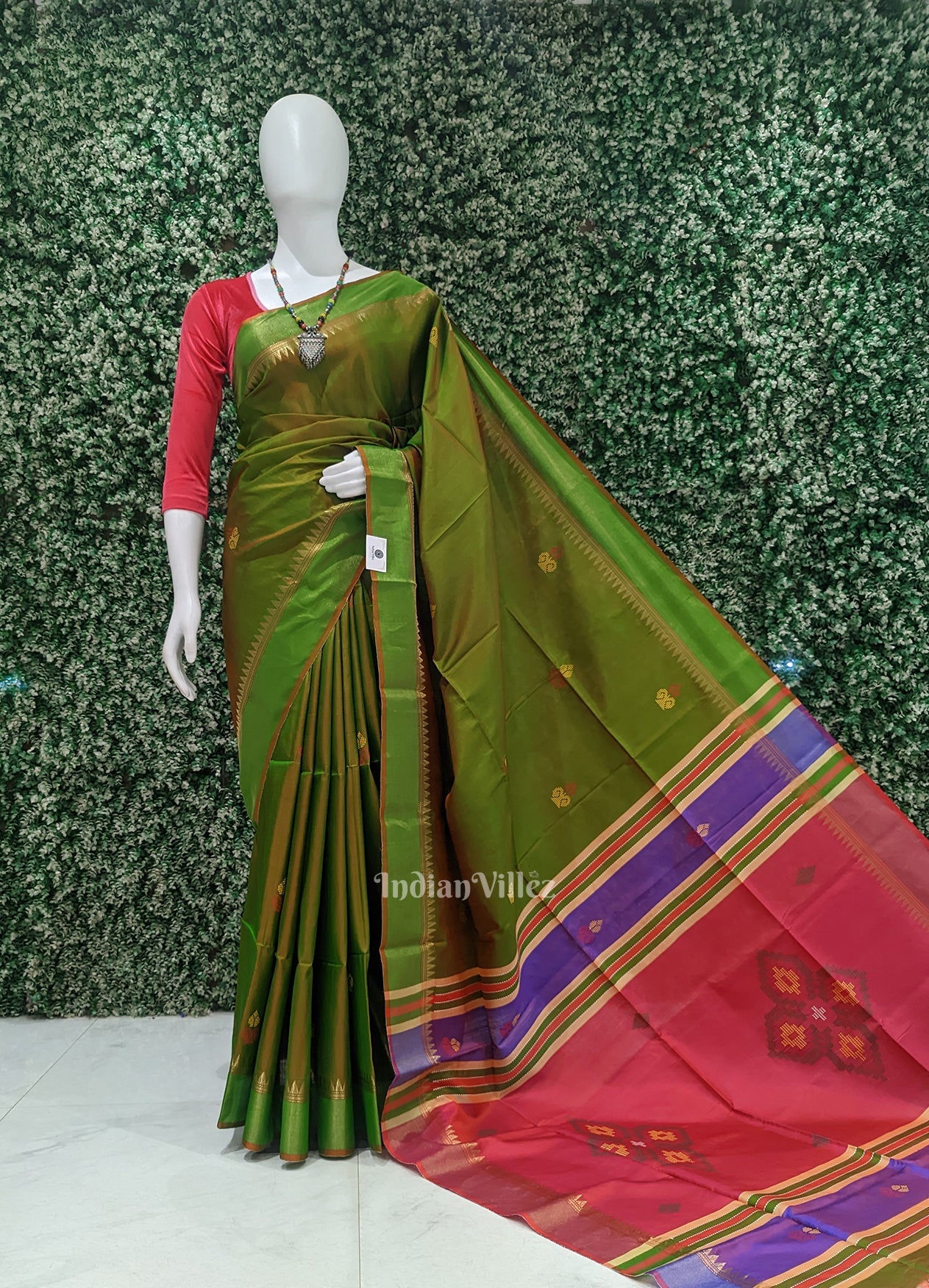 Mehendi Green Pink Pure Bishnupuri Silk Saree