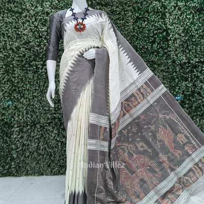 Off White with Silver Zari (Tissue) Phoda Kumbha Sambalpuri Silk Saree