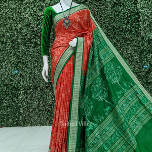 Reddish Orange Green Sambalpuri Bomkai Silk Saree