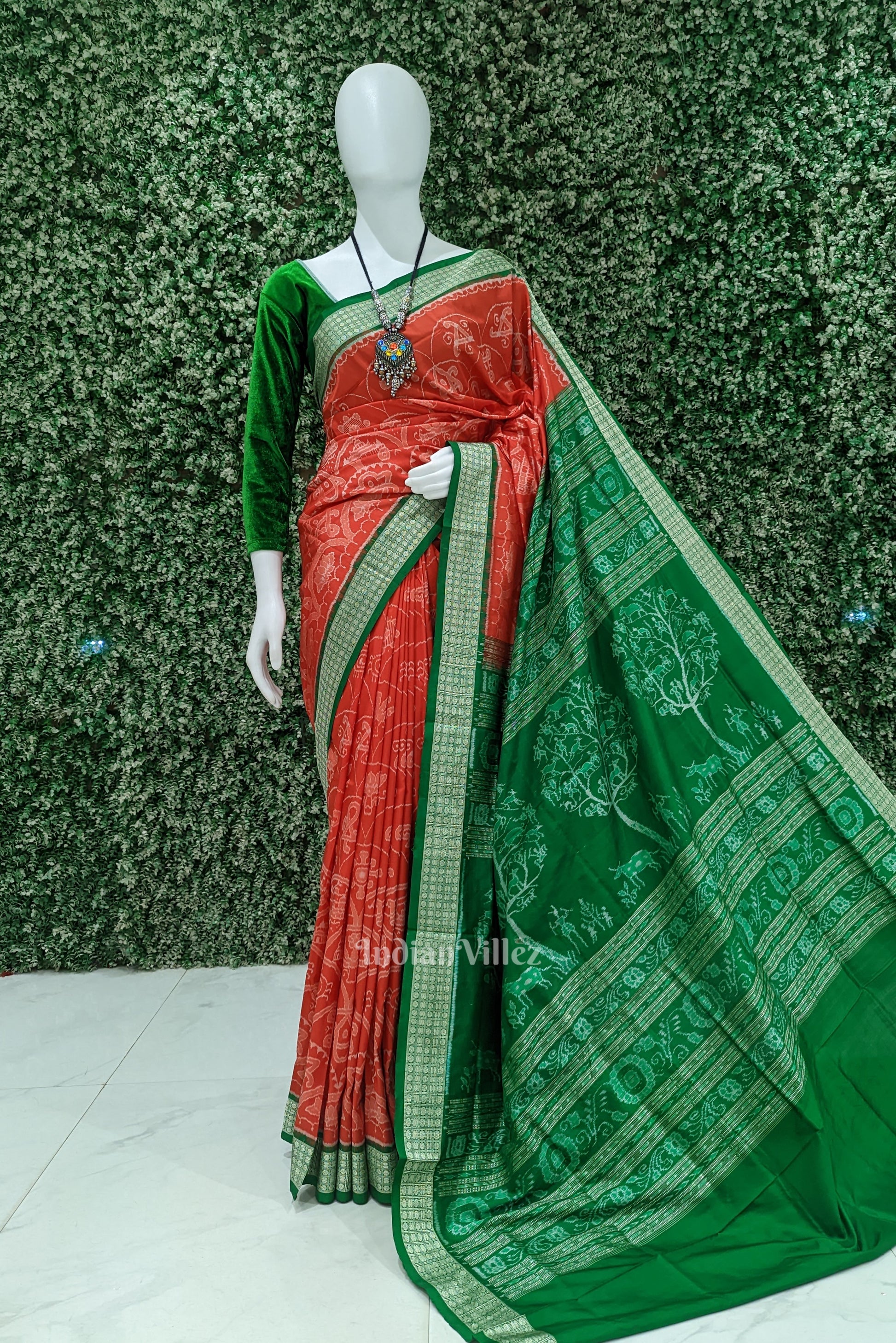 Reddish Orange Green Sambalpuri Bomkai Silk Saree