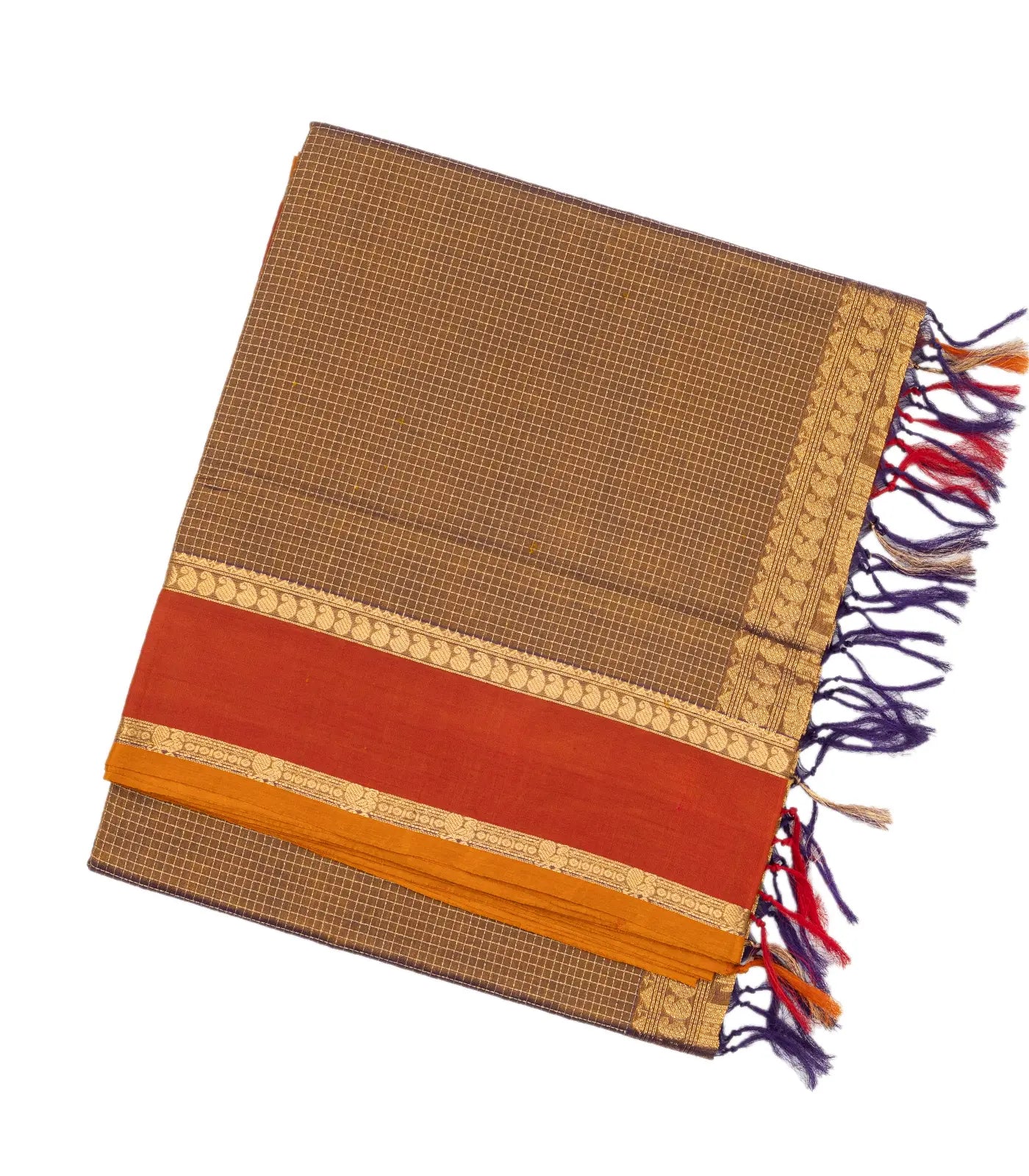 Beige Handloom Silk Cotton Saree With Checks