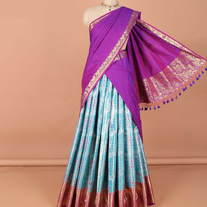 Blue checked with floral design art-silk half saree, contrast traditional zari border,zari design blouse & intricate dhavani