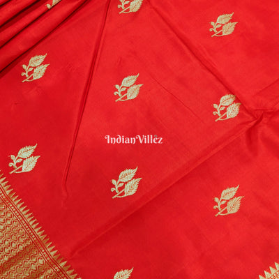 Red Leaf Motif Designer Katan Silk Banarasi Saree