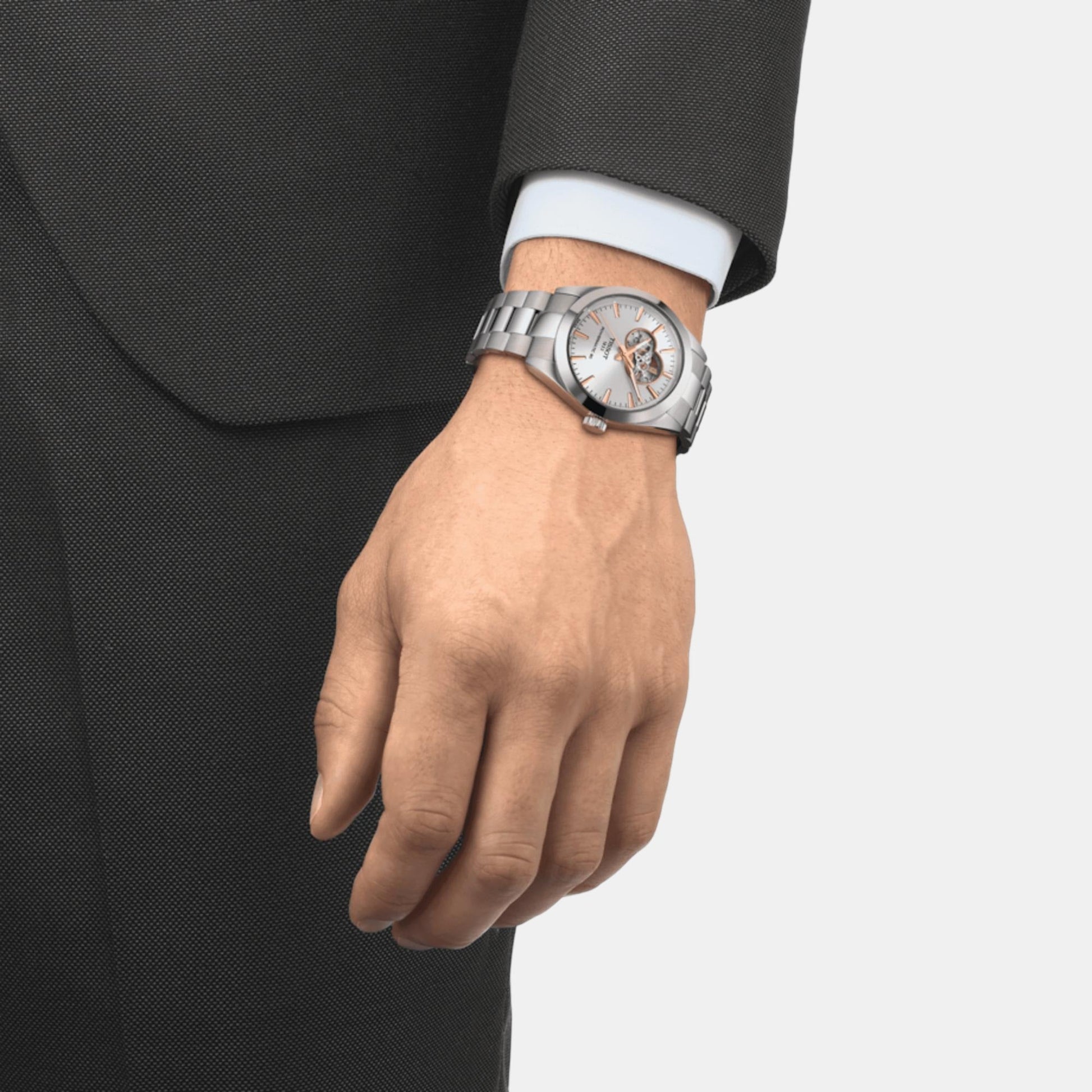 Gentleman Open Heart Men Automatic Silver Dial Analog Stainless Steel Watch T1274071103101