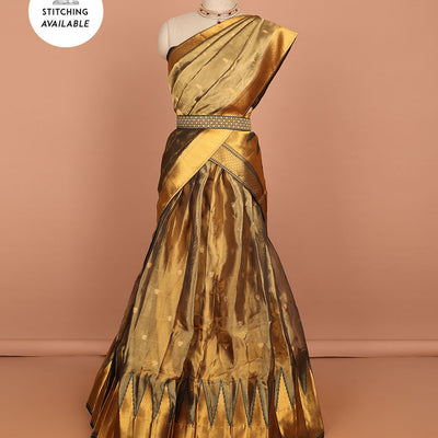 Brown buttas art silk half saree with contrast zari border, argyle pattern blouse & buttas with zari border dhavani