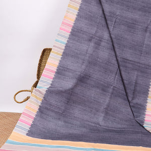 Purple semi-banaras tussar saree with contrast striped border & multi-colored striped pallu