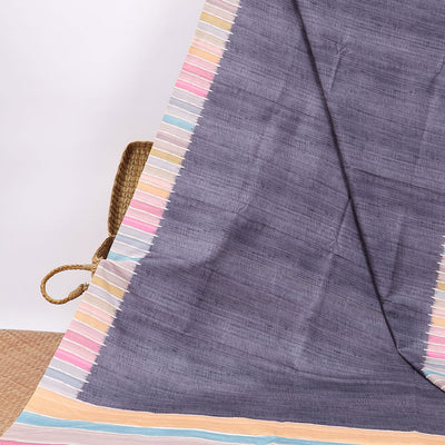 Purple semi-banaras tussar saree with contrast striped border & multi-colored striped pallu