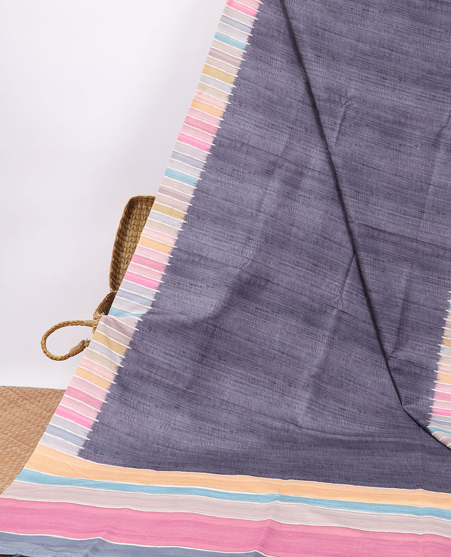 Purple semi-banaras tussar saree with contrast striped border & multi-colored striped pallu
