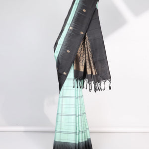 Green checked mayuri soft silk saree with contrast floral border & checked zari design pallu