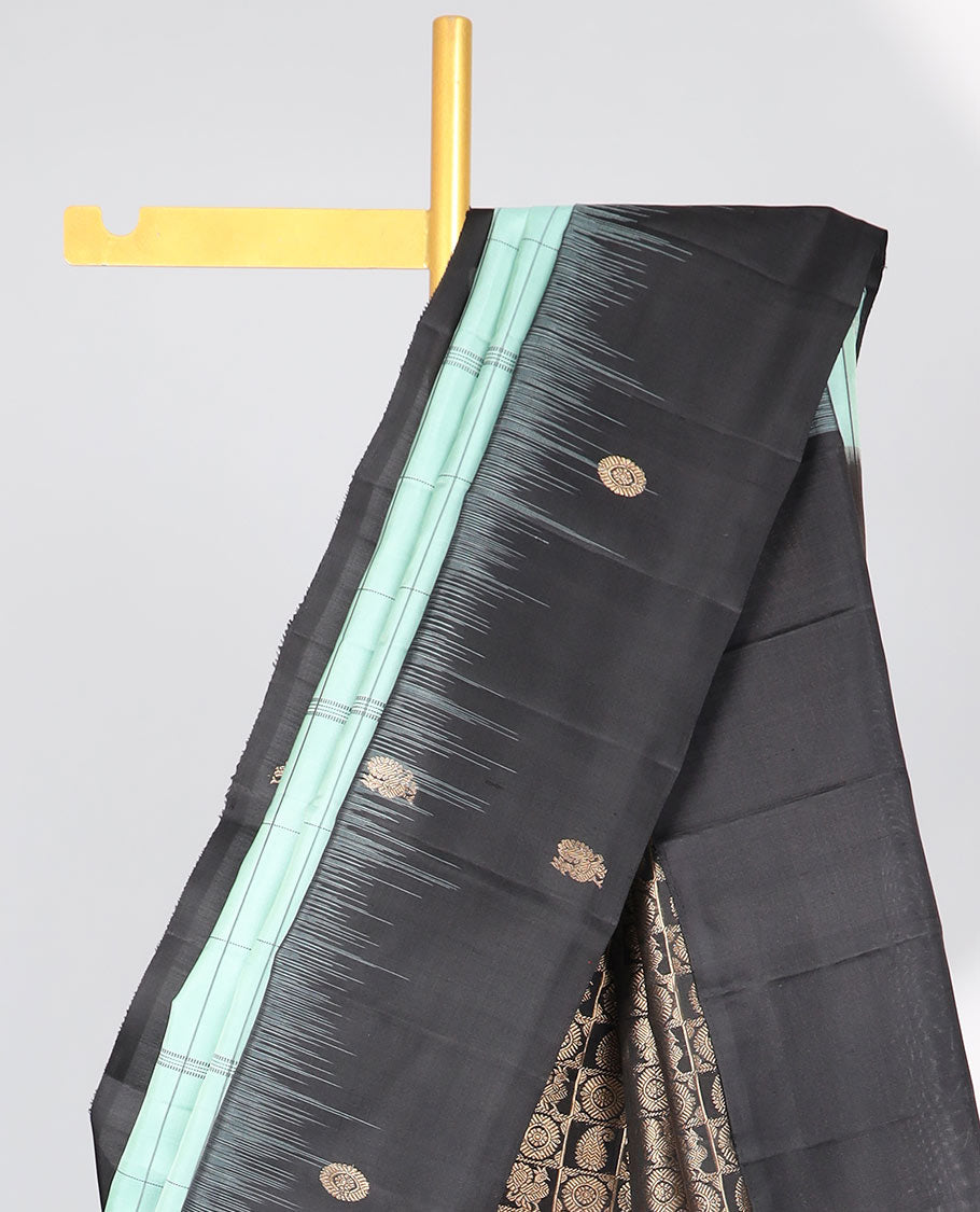 Green checked mayuri soft silk saree with contrast floral border & checked zari design pallu