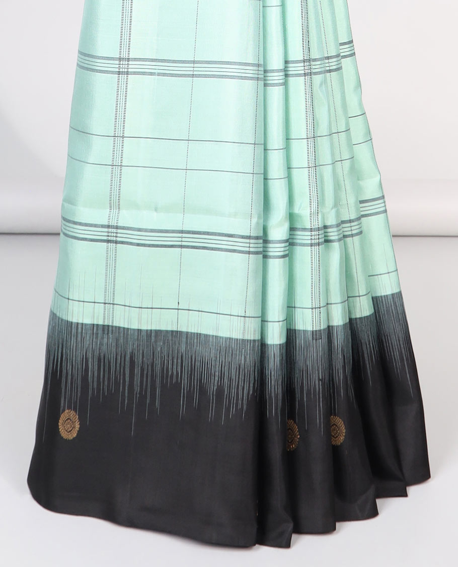 Green checked mayuri soft silk saree with contrast floral border & checked zari design pallu