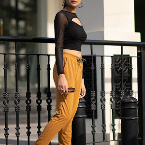 Keyhole Mesh Trim Knit Top