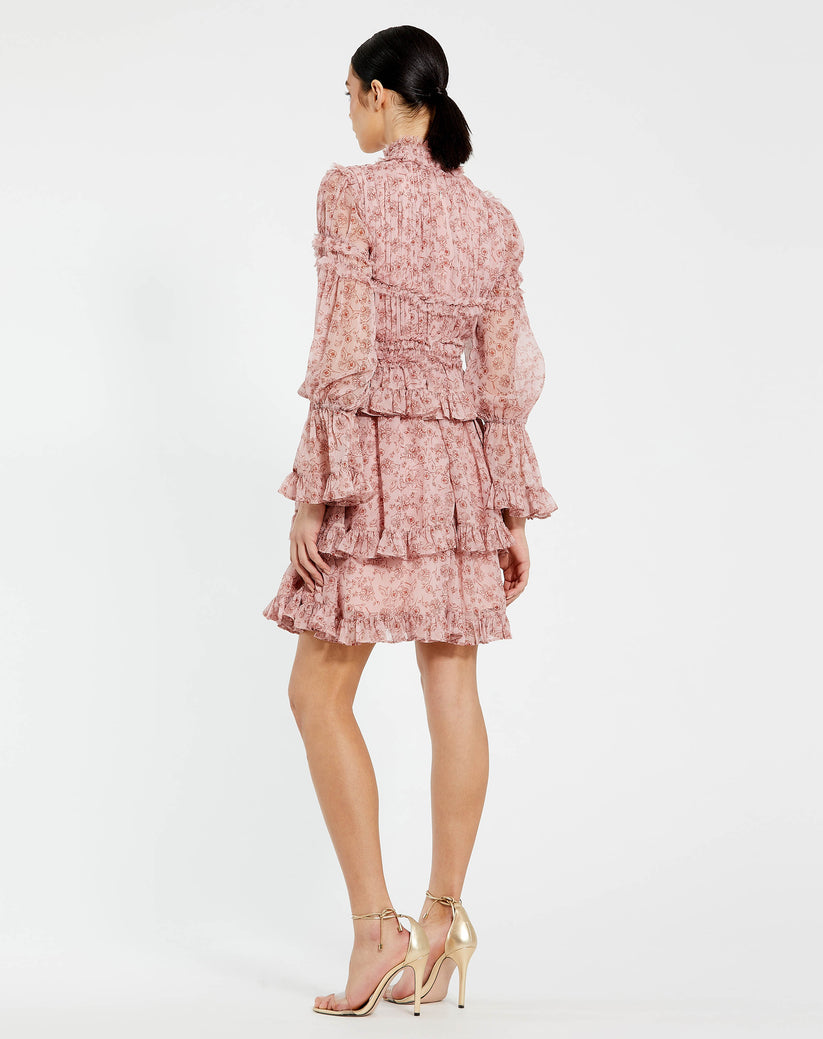 Mac Duggal 17002 Long Sleeve Floral Print Cocktail Mini Dress