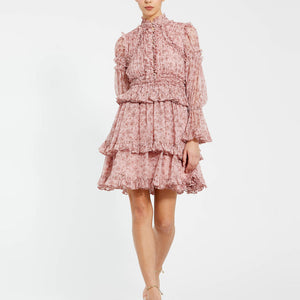 Mac Duggal 17002 Long Sleeve Floral Print Cocktail Mini Dress