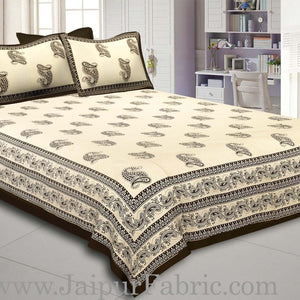 Dark Mehandi   Border Craem Base Dark Mehandi  Paisely Print Cotton Double Bed Sheet