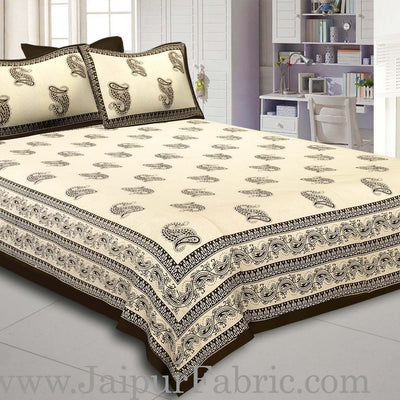 Dark Mehandi   Border Craem Base Dark Mehandi  Paisely Print Cotton Double Bed Sheet
