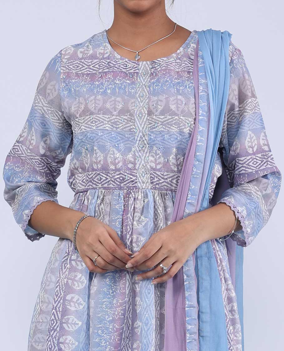Twara multi-color readymade suit, intricate batik printed 3/4th sleeve round neck top & double-color lace border dupatta