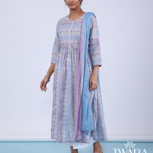 Twara multi-color readymade suit, intricate batik printed 3/4th sleeve round neck top & double-color lace border dupatta