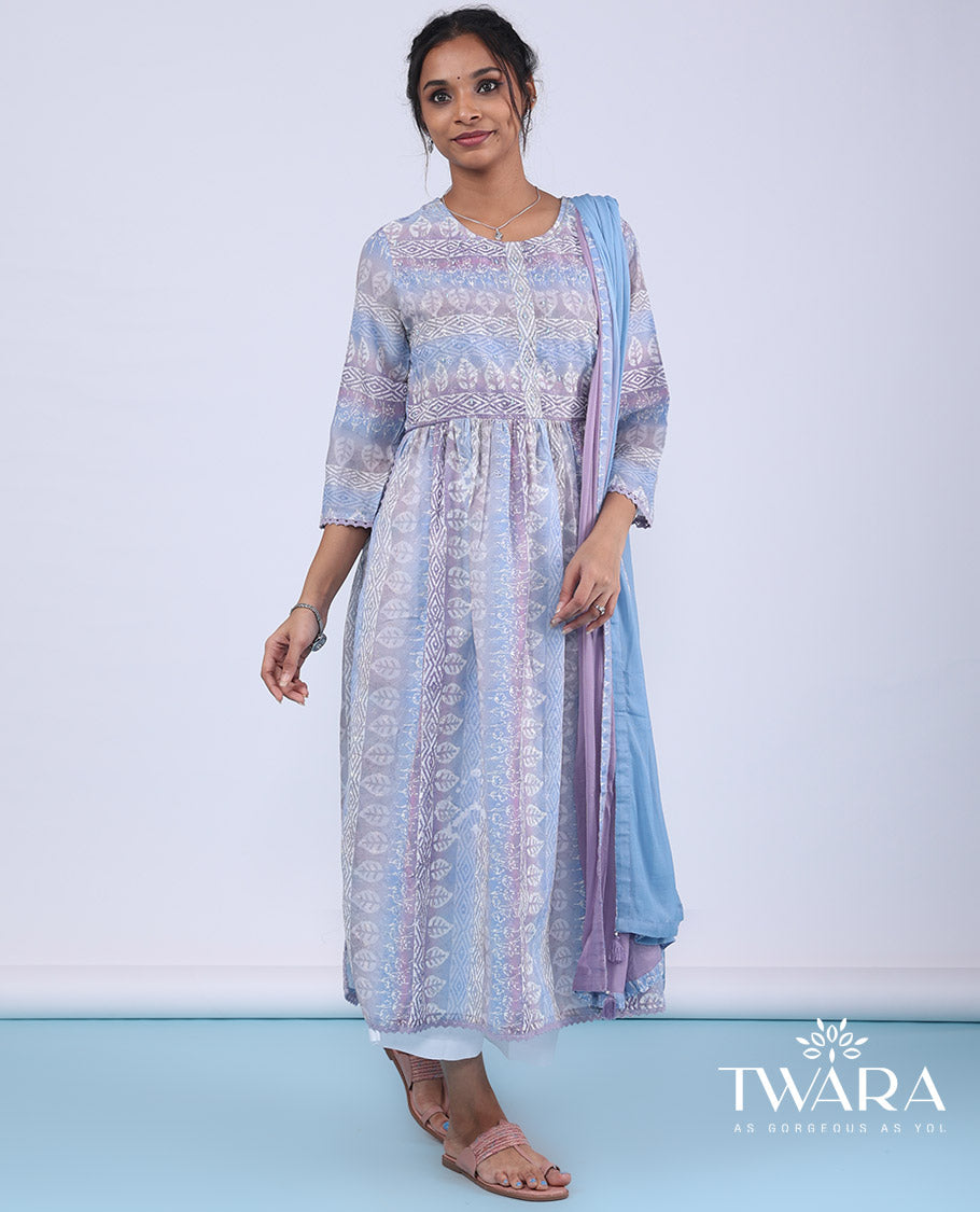 Twara multi-color readymade suit, intricate batik printed 3/4th sleeve round neck top & double-color lace border dupatta