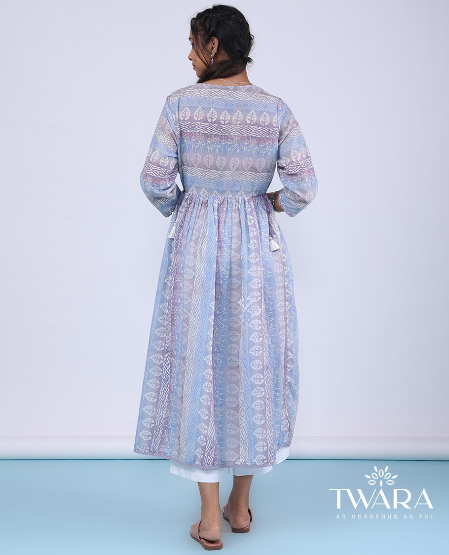 Twara multi-color readymade suit, intricate batik printed 3/4th sleeve round neck top & double-color lace border dupatta