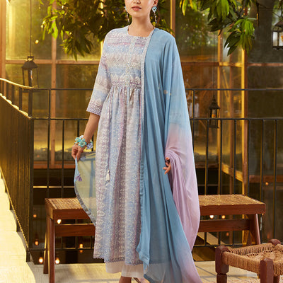 Twara multi-color readymade suit, intricate batik printed 3/4th sleeve round neck top & double-color lace border dupatta