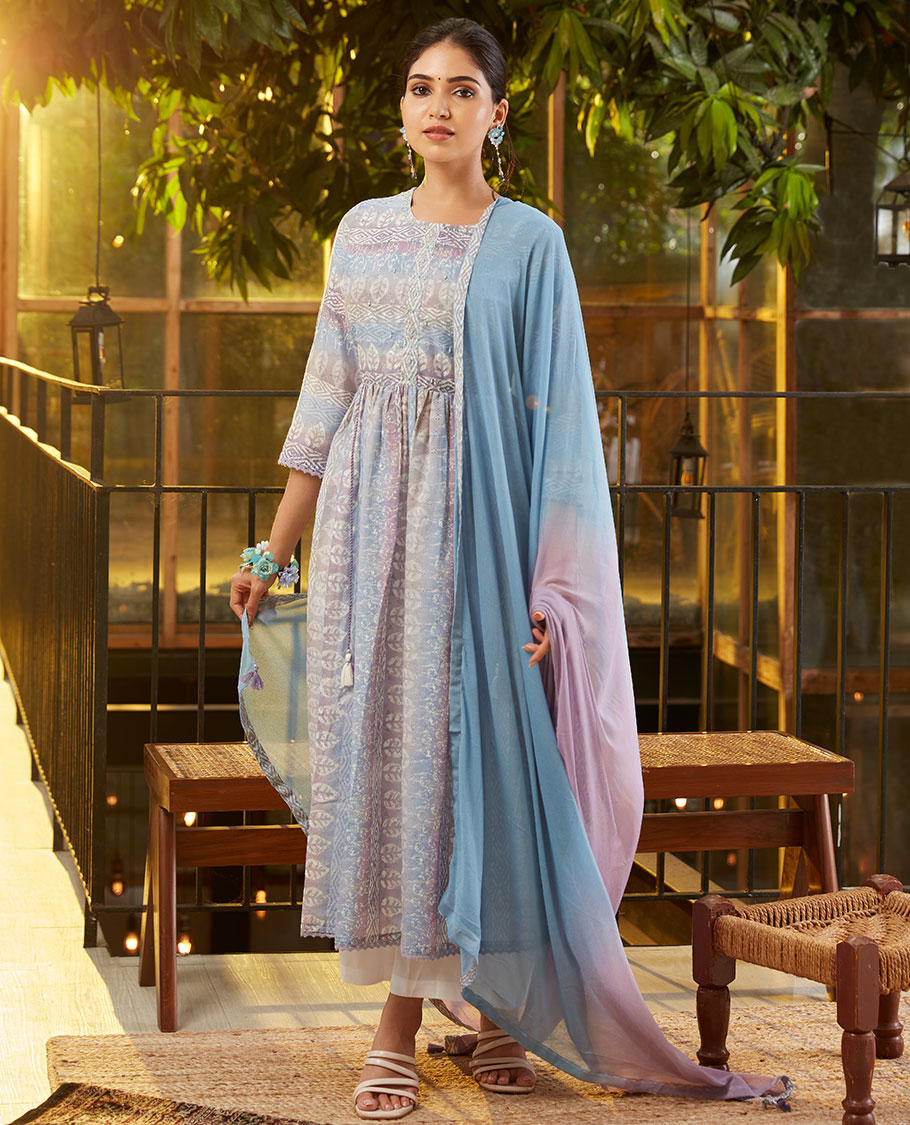 Twara multi-color readymade suit, intricate batik printed 3/4th sleeve round neck top & double-color lace border dupatta