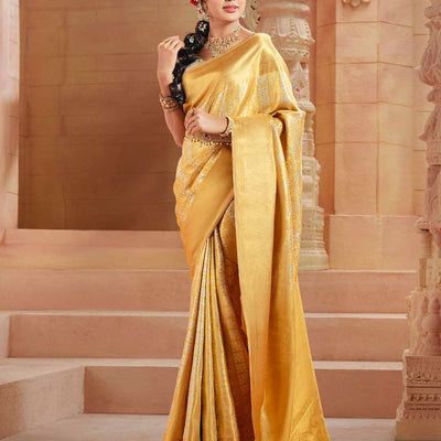Gold zari jacquard silksaree, zari border of muthu,kodi visiry & chevron designs & bogudi,kuyil kann & zari stripes
