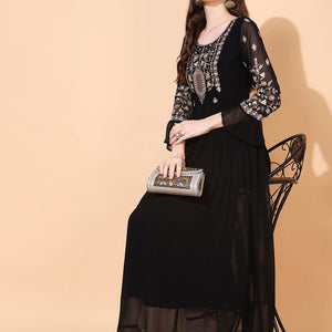 Floral Embroidered Flared Maxi Dress - Black