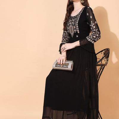 Floral Embroidered Flared Maxi Dress - Black