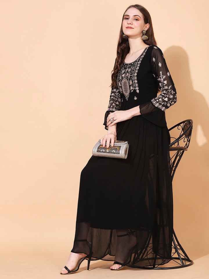 Floral Embroidered Flared Maxi Dress - Black