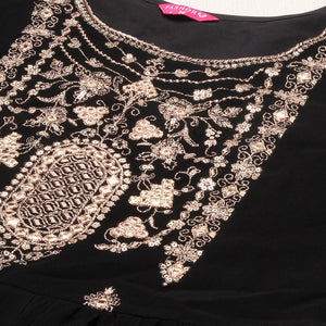 Floral Embroidered Flared Maxi Dress - Black