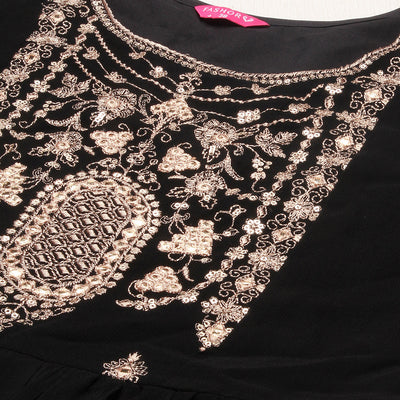 Floral Embroidered Flared Maxi Dress - Black
