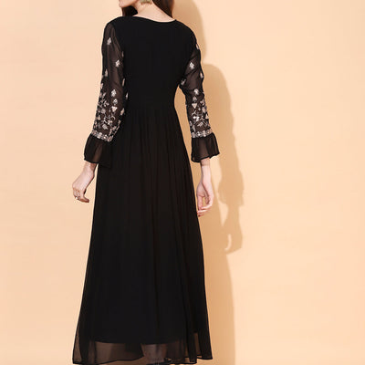 Floral Embroidered Flared Maxi Dress - Black