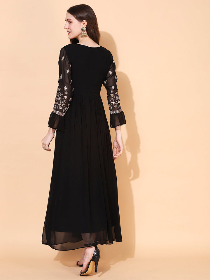 Floral Embroidered Flared Maxi Dress - Black