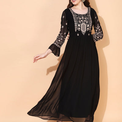Floral Embroidered Flared Maxi Dress - Black
