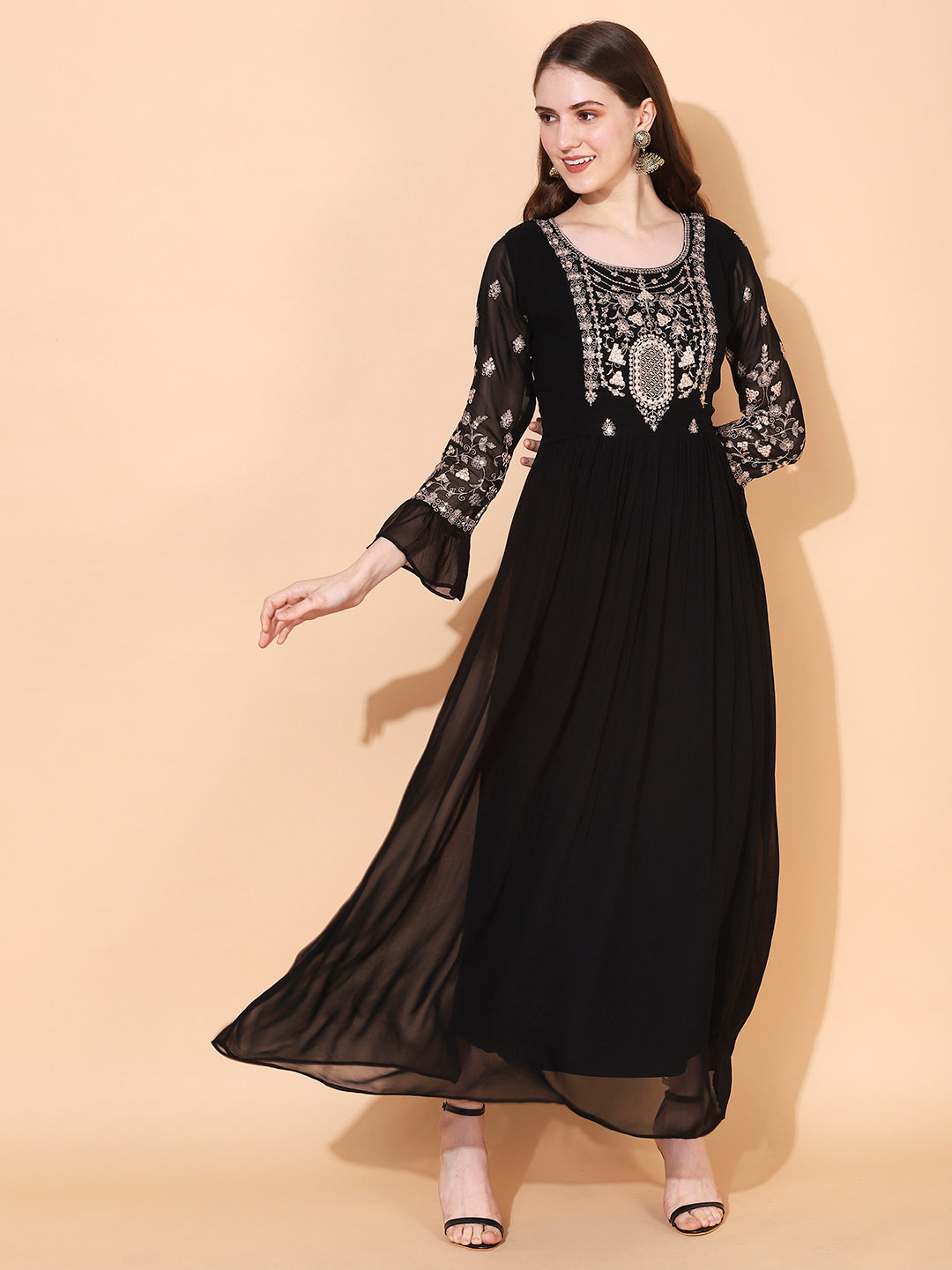 Floral Embroidered Flared Maxi Dress - Black