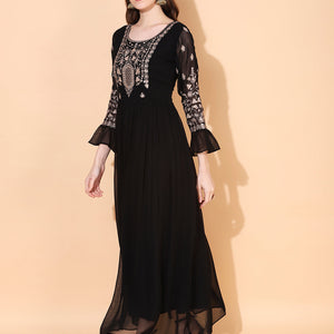 Floral Embroidered Flared Maxi Dress - Black