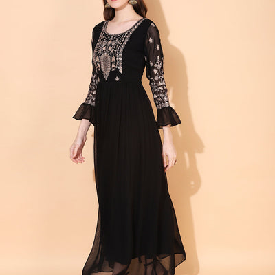 Floral Embroidered Flared Maxi Dress - Black