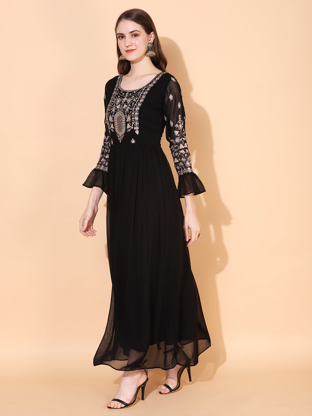 Floral Embroidered Flared Maxi Dress - Black