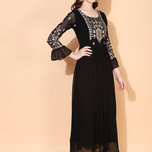 Floral Embroidered Flared Maxi Dress - Black