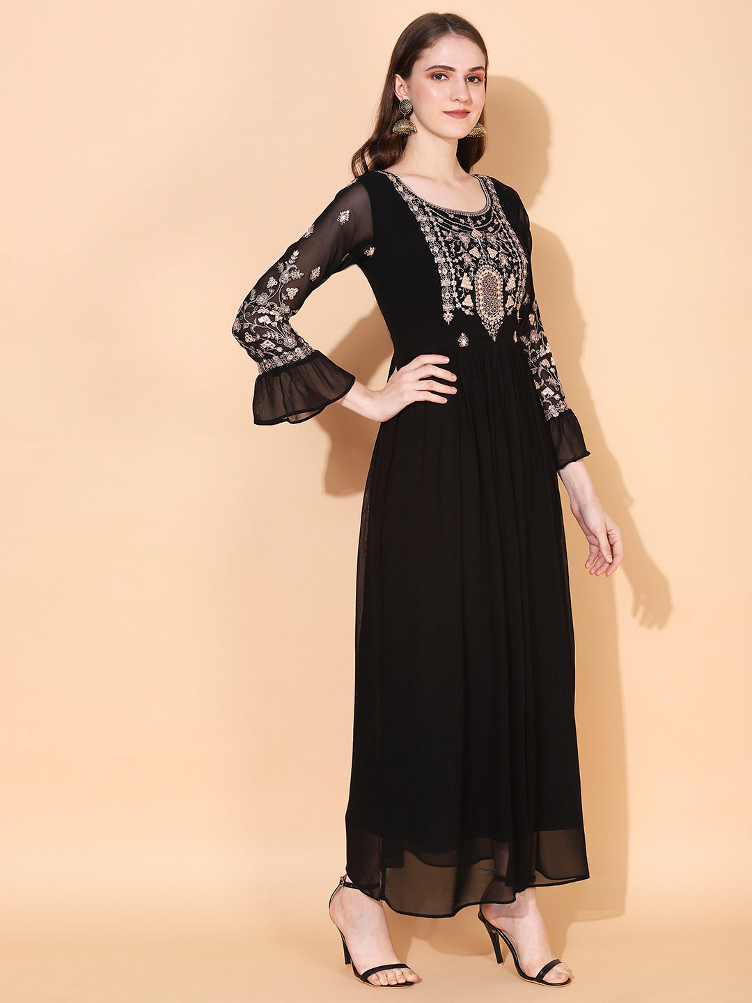 Floral Embroidered Flared Maxi Dress - Black