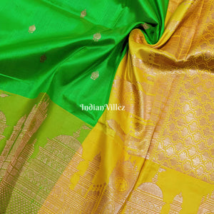 Green Banarasi Katan Silk Saree Inspired by Big Ben, London & United States Capitol, Washington DC