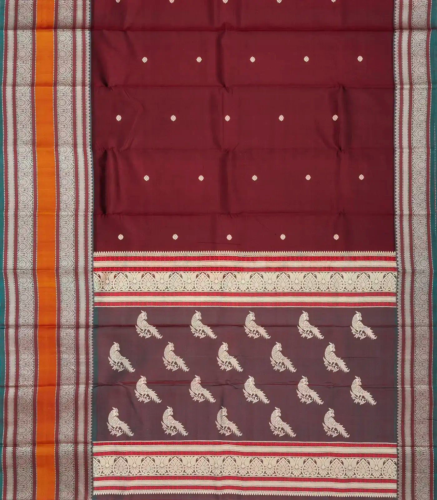 Maroon Handloom Kanchipuram Silk Saree With Kamalam Buttas